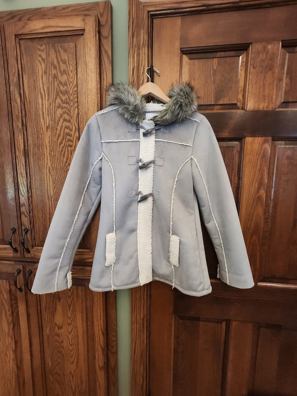 Justice Light Gray Faux Suede With Faux Fur  Hooded Jacket and Faux Sherpa Trim